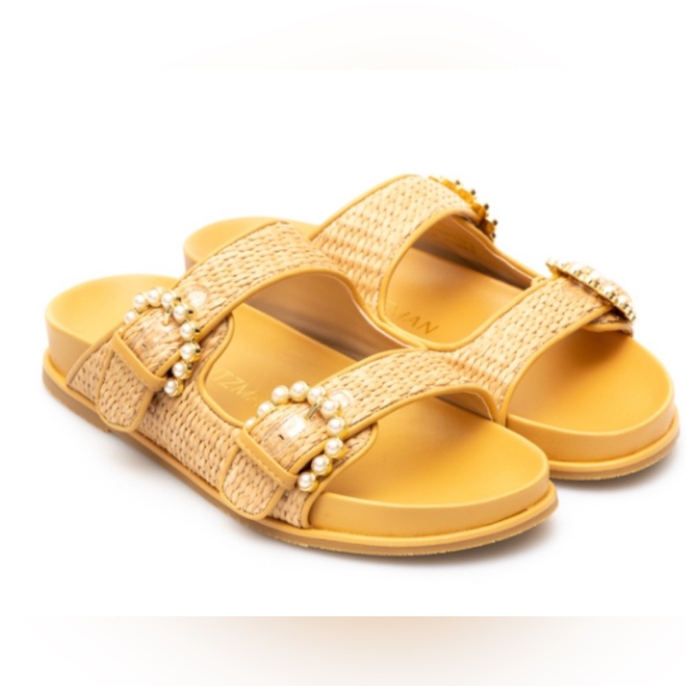 Stuart Weitzman Tan Sandals with Pearl Embellishments